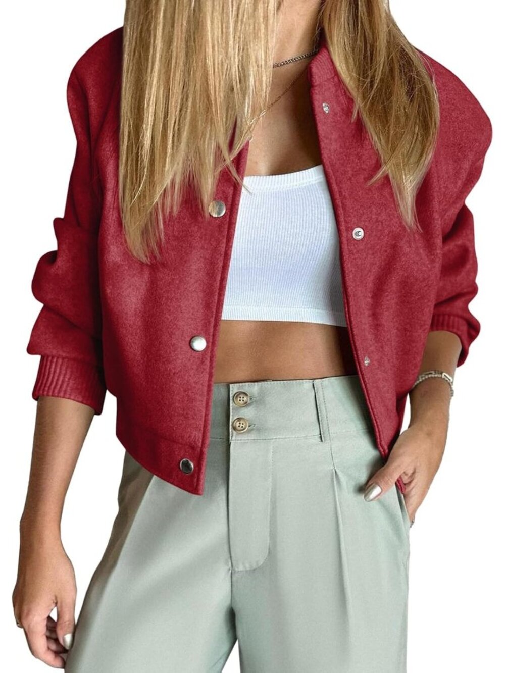Women's Red Wool Blend Cropped Varsity Short Button Down Pea Bomber Jacket